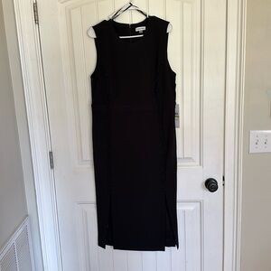 NWT Calvin Klein black sleeveless dress w/ two side slits and decorative buttons